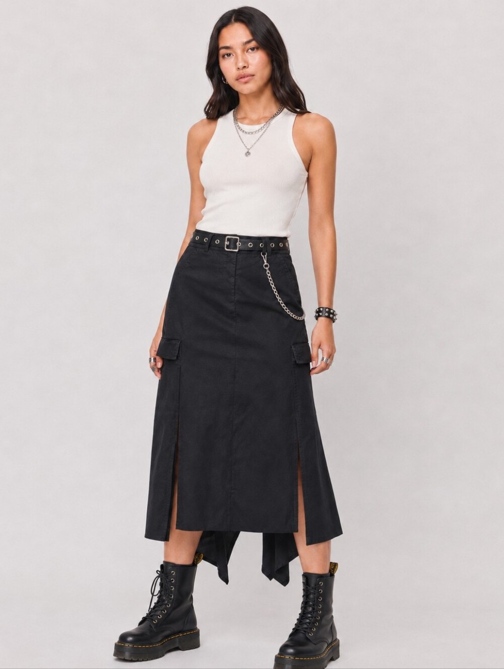 Marithé + François Girbaud Women’s Black Asymmetrical Cargo Midi Skirt Size 29